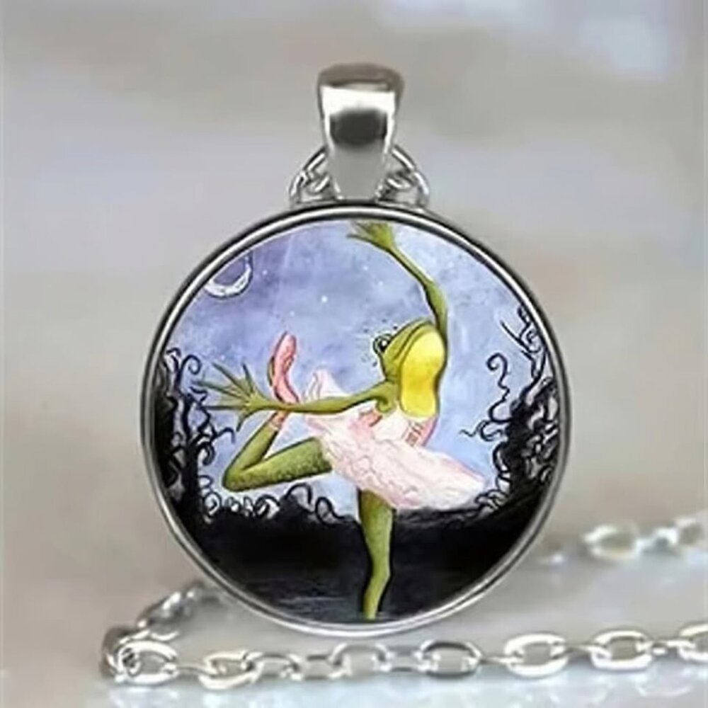 Silver Ballerina FROG Glass Cabochon Pendant Necklace